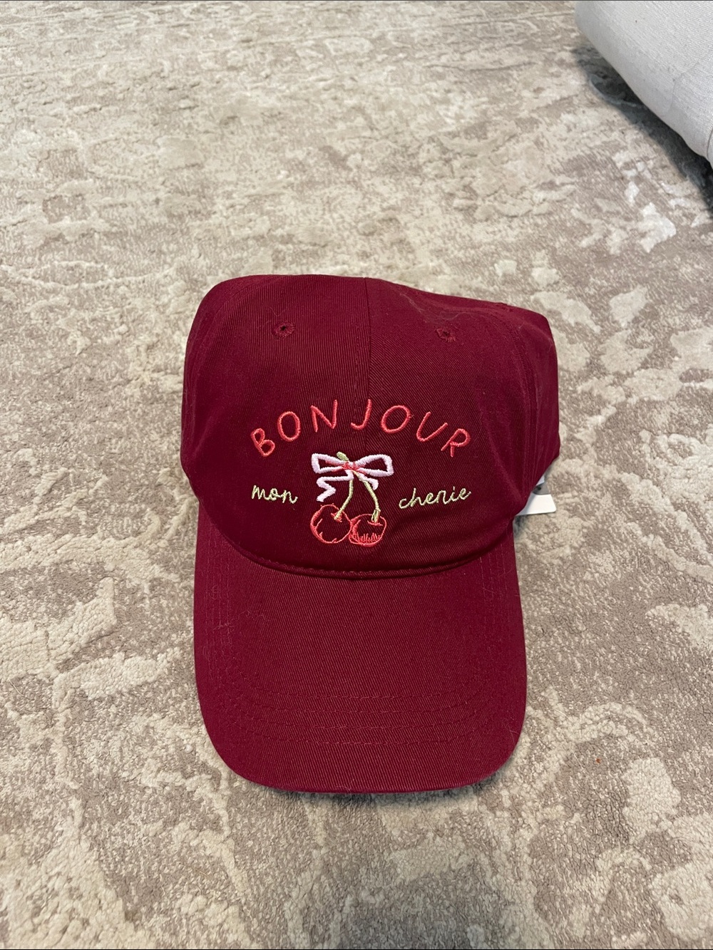 Anthropologie Bonjour Cherie Cherry Embroidered Maroon Baseball Cap